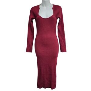 Free‎ For All Burgundy Ribbed Knit Long Sleeve Scoop Neck Midi Dress Medium
